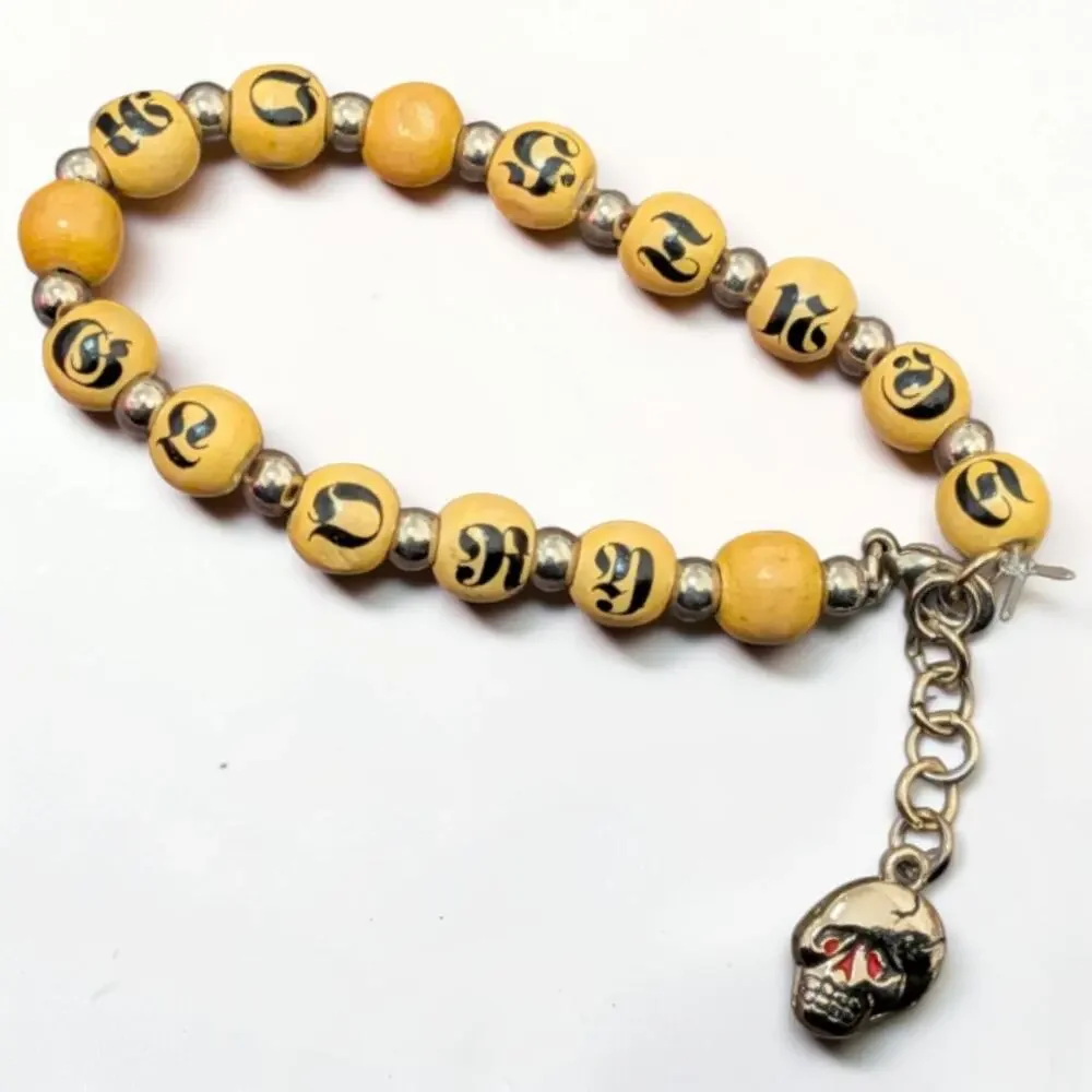 Vintage Ed Hardy Death Or Glory Skull Charm Wood Bead Bracelet Y2K Biker Punk
